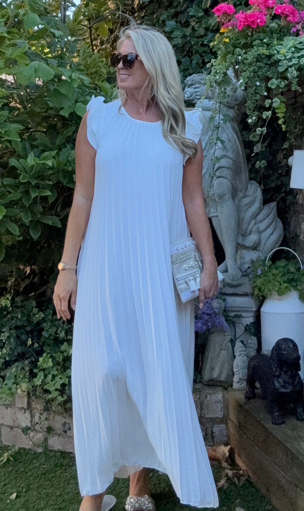 Pleated Maxi Dress With Frill Shoulder