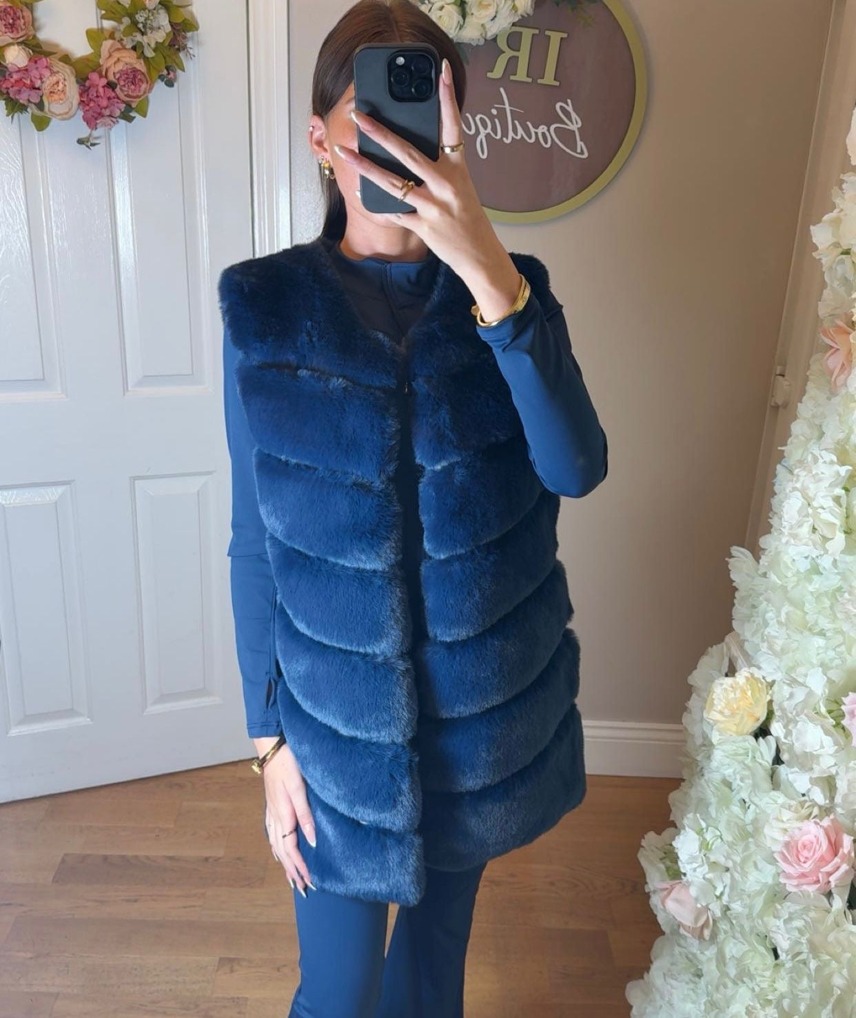 Navy Faux Fur Long Line Gilet With Pockets