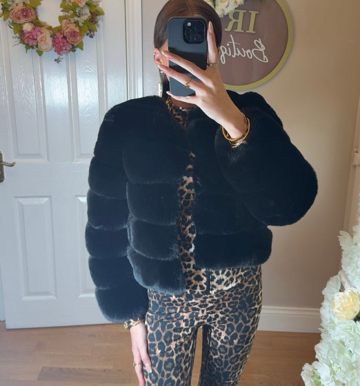 Black Premium Faux Fur Jacket - 5 Row Sleeve