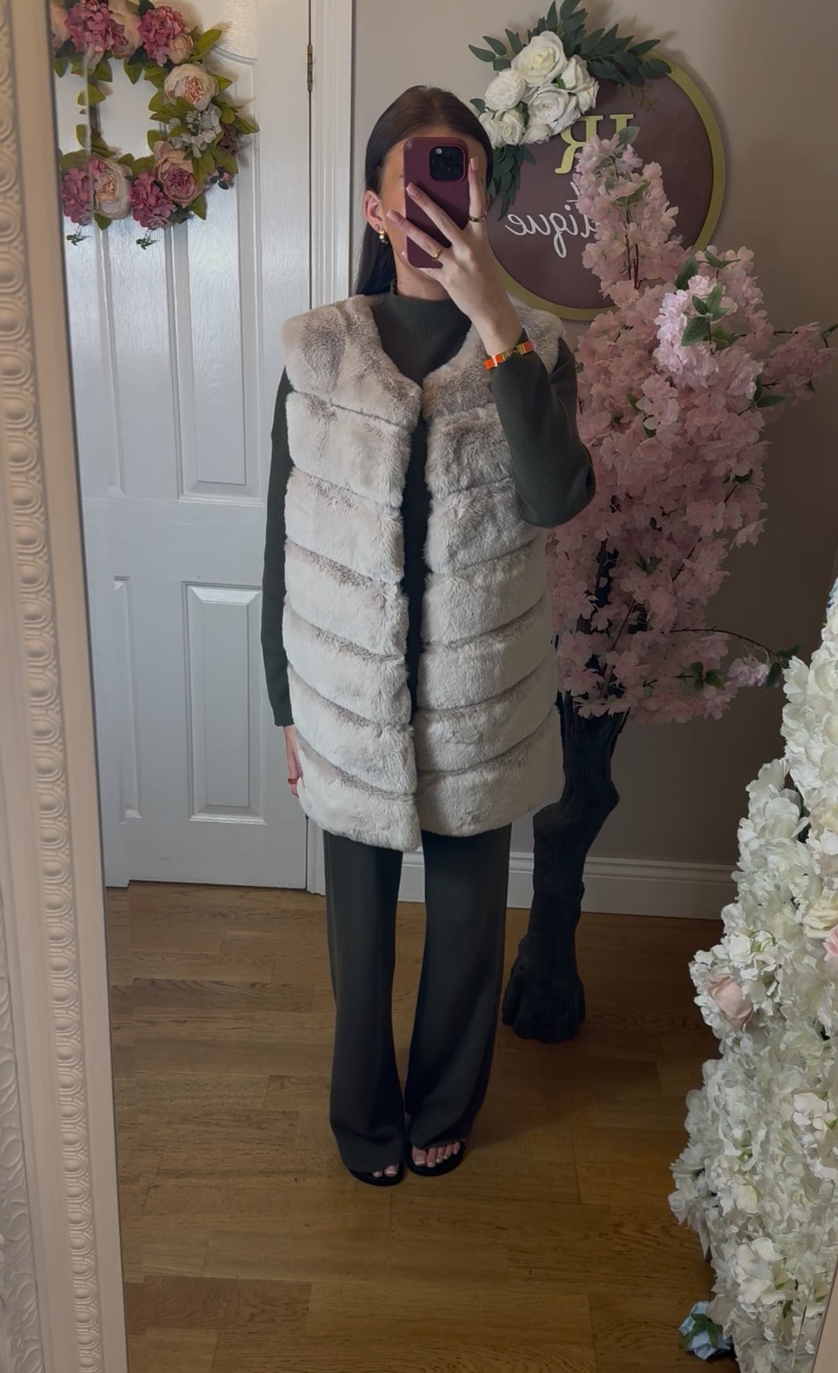 Beige Faux Fur Long Line Gilet With Pockets