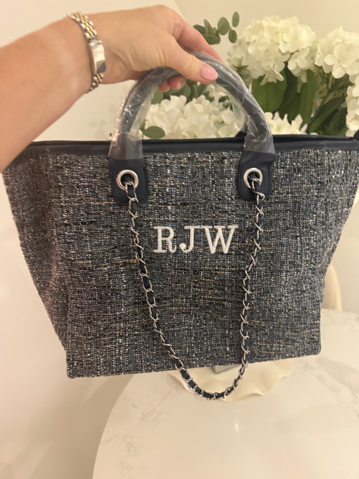 Personalised Embroidered Navy Tweed Tote Bag