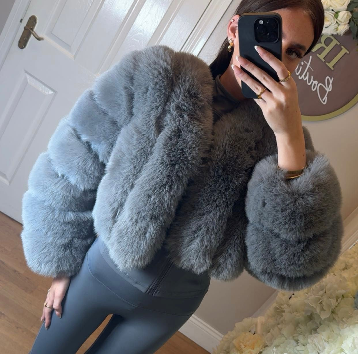 Grey Faux Fur Vertical Style Jacket