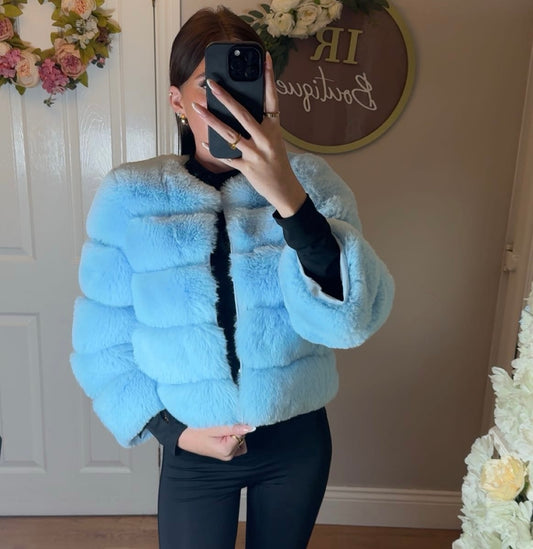 Baby Blue Premium Faux Fur Jacket - 4 Row Sleeve