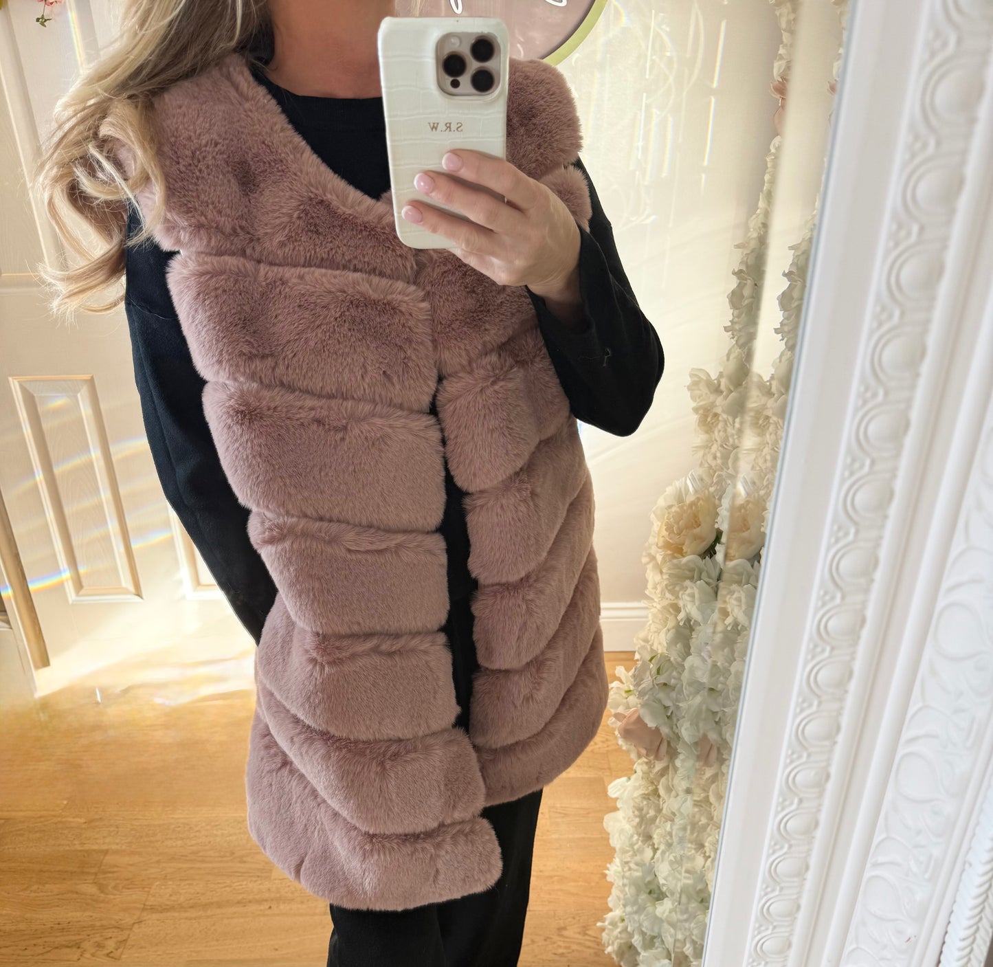 Pink Faux Fur Long Line Gilet With Pockets - One size upto 16