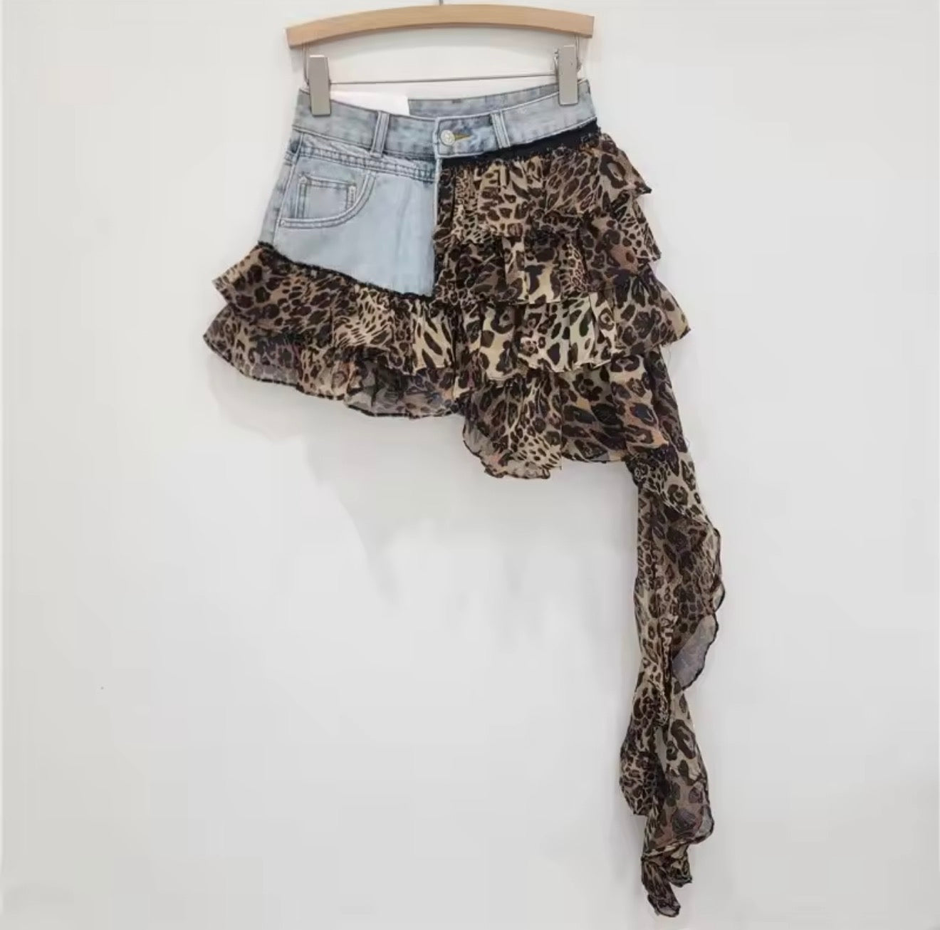 Camilla - Denim & Leopard Ruffle Shorts