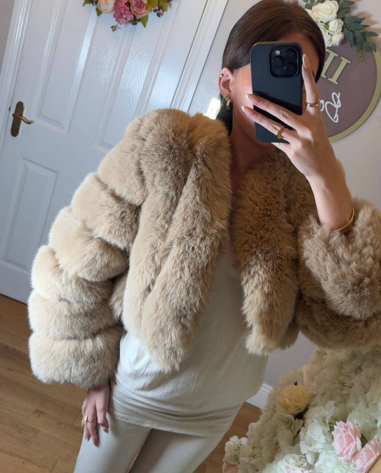 Beige Faux Fur Vertical Style Jacket