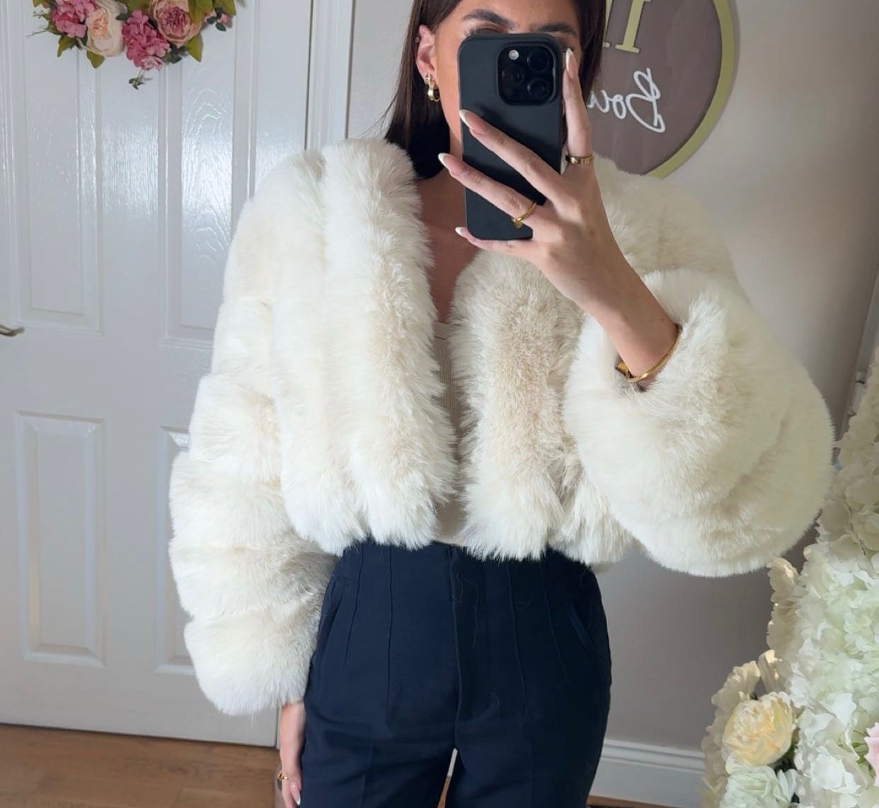 Winter White Premium Faux Fur Vertical Style Jacket