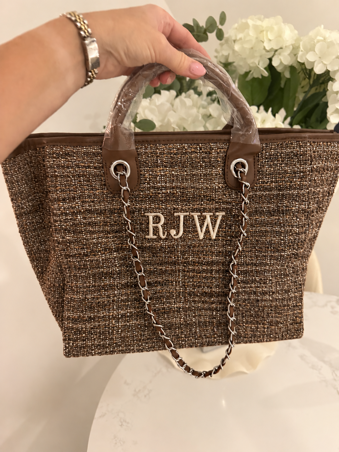 Personalised Embroidered Brown Tweed Tote Bag