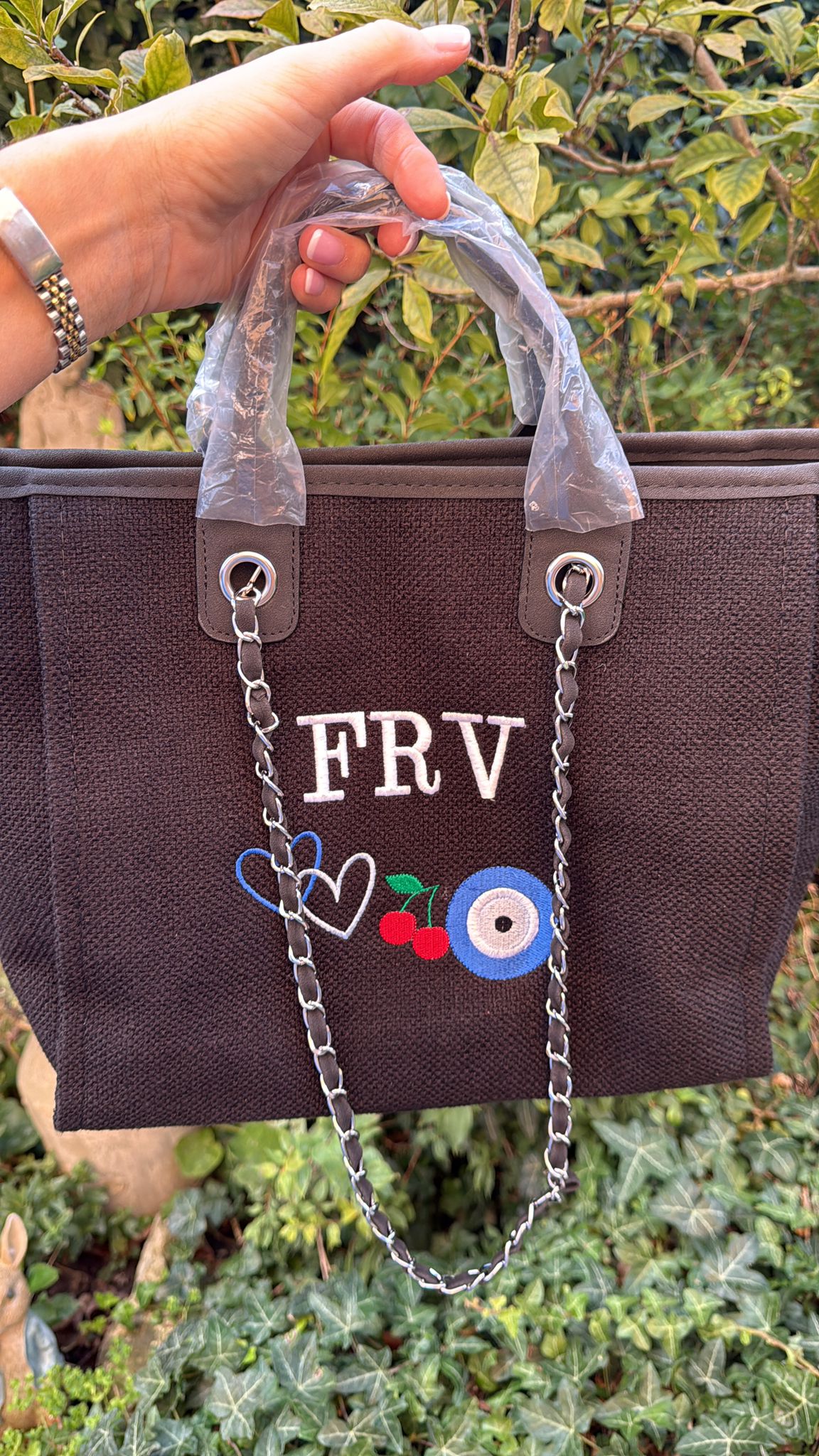 Personalised Black Tote Bag - Custom Embroidered Initials | Peace/Evil Eye/Cherry
