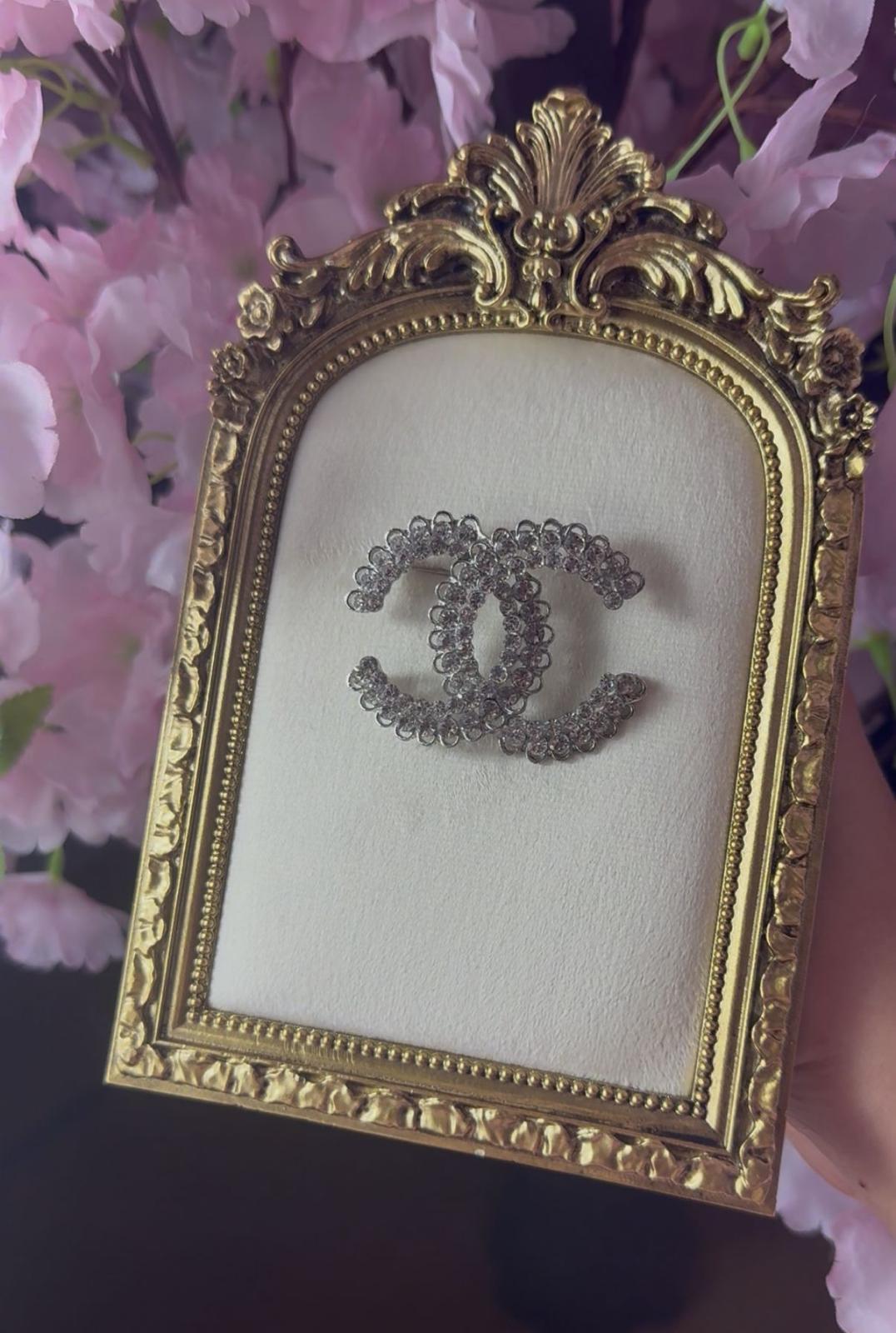 Silver CC Scalloped Edge Embellished Brooch