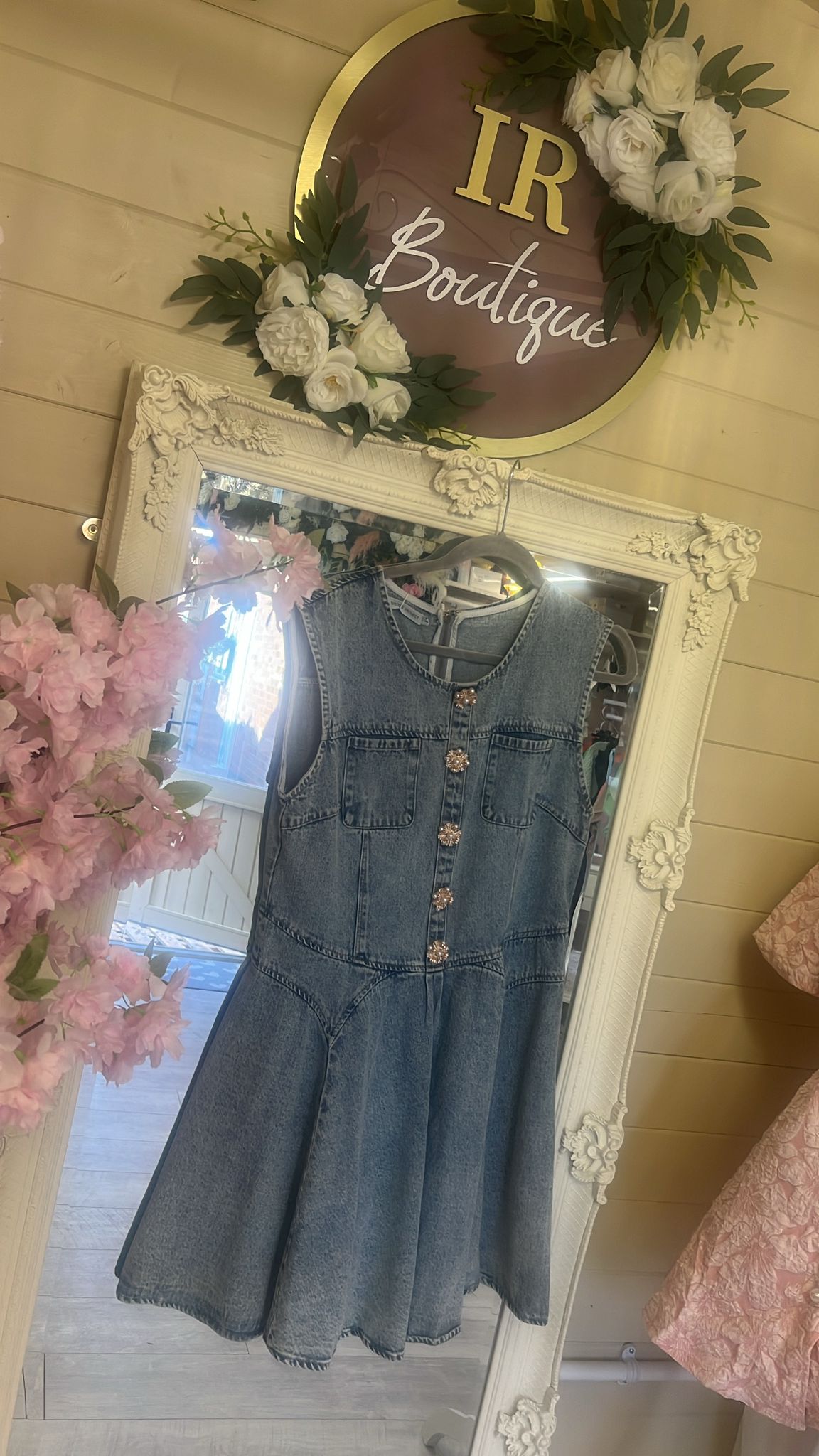 Denim A Line Swing Dress with diamonte Pearl Buttons - size 6-8