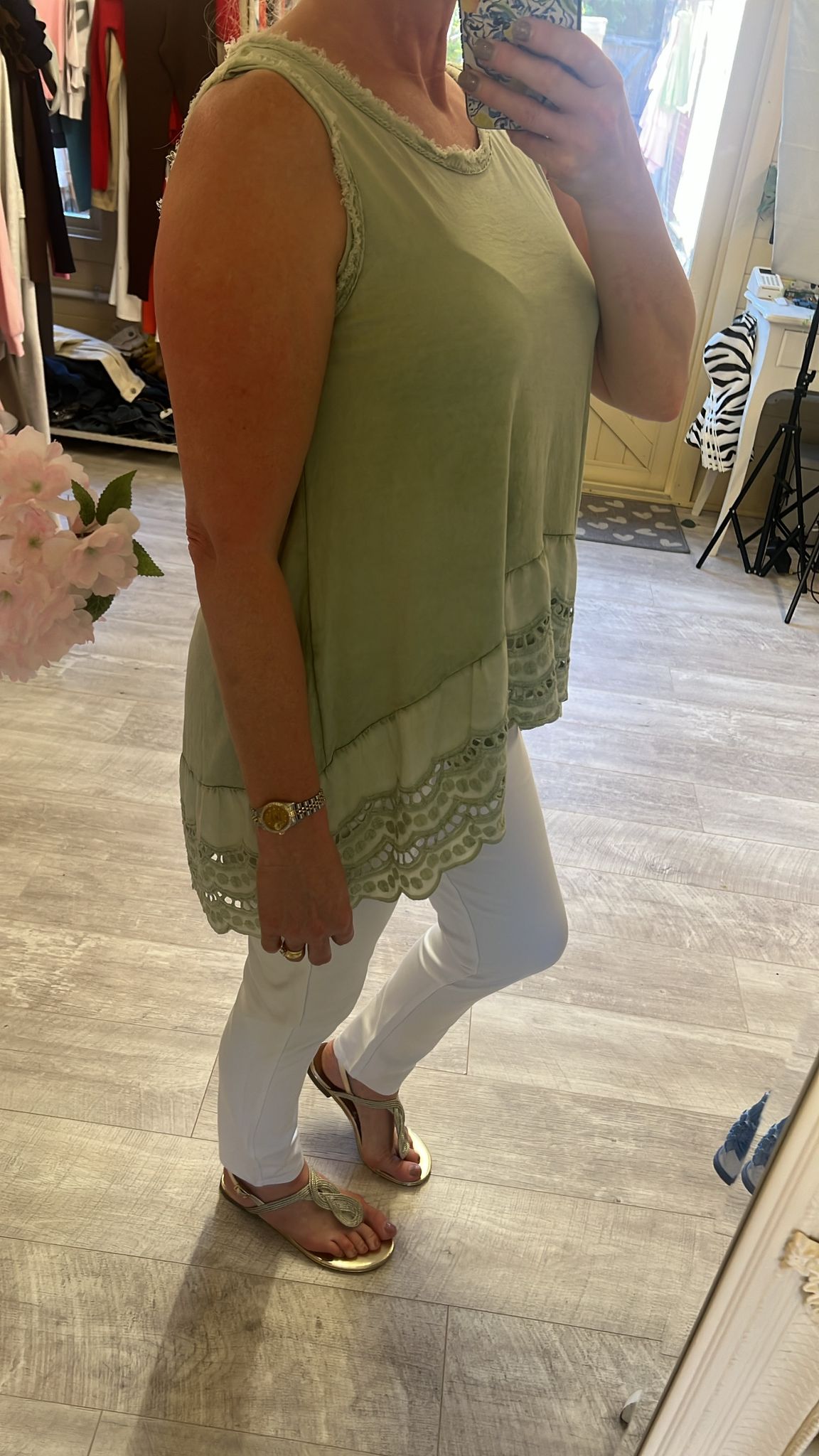 Sleeveless Vest Top With Embroidered Hemline