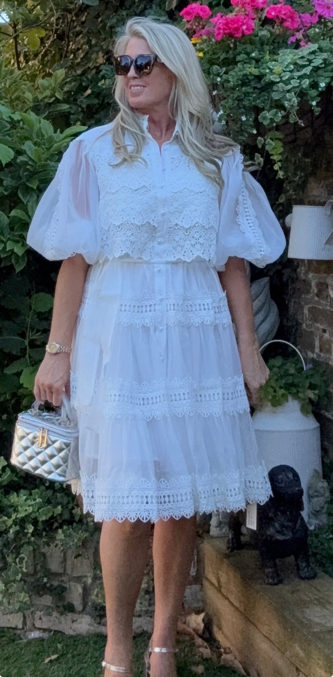 VIENNA- Lined Lace Dress with Pearl Buttons - One size upto 18