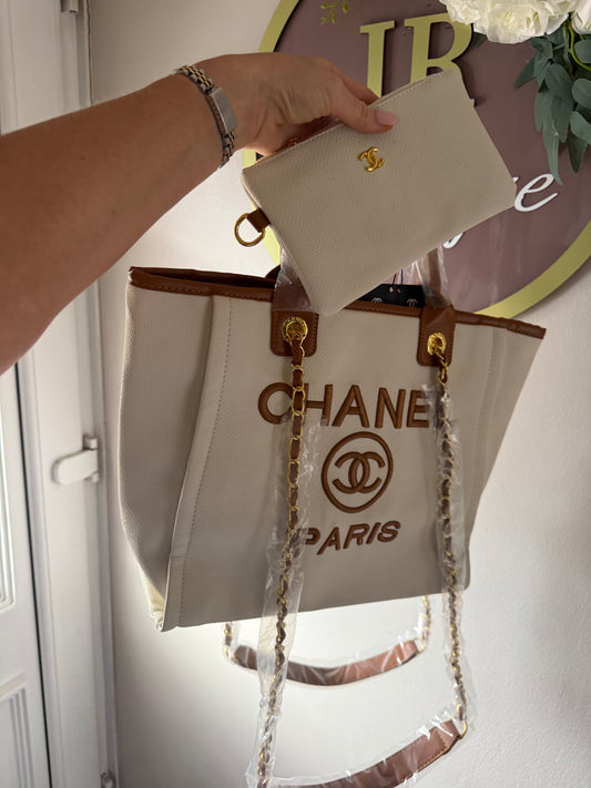 Cream/Tan Embroidered Tote Bag