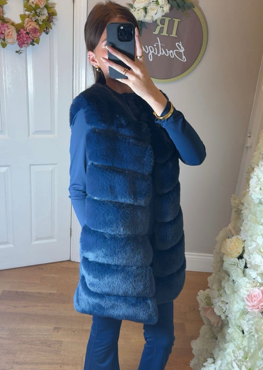 Navy Faux Fur Long Line Gilet With Pockets
