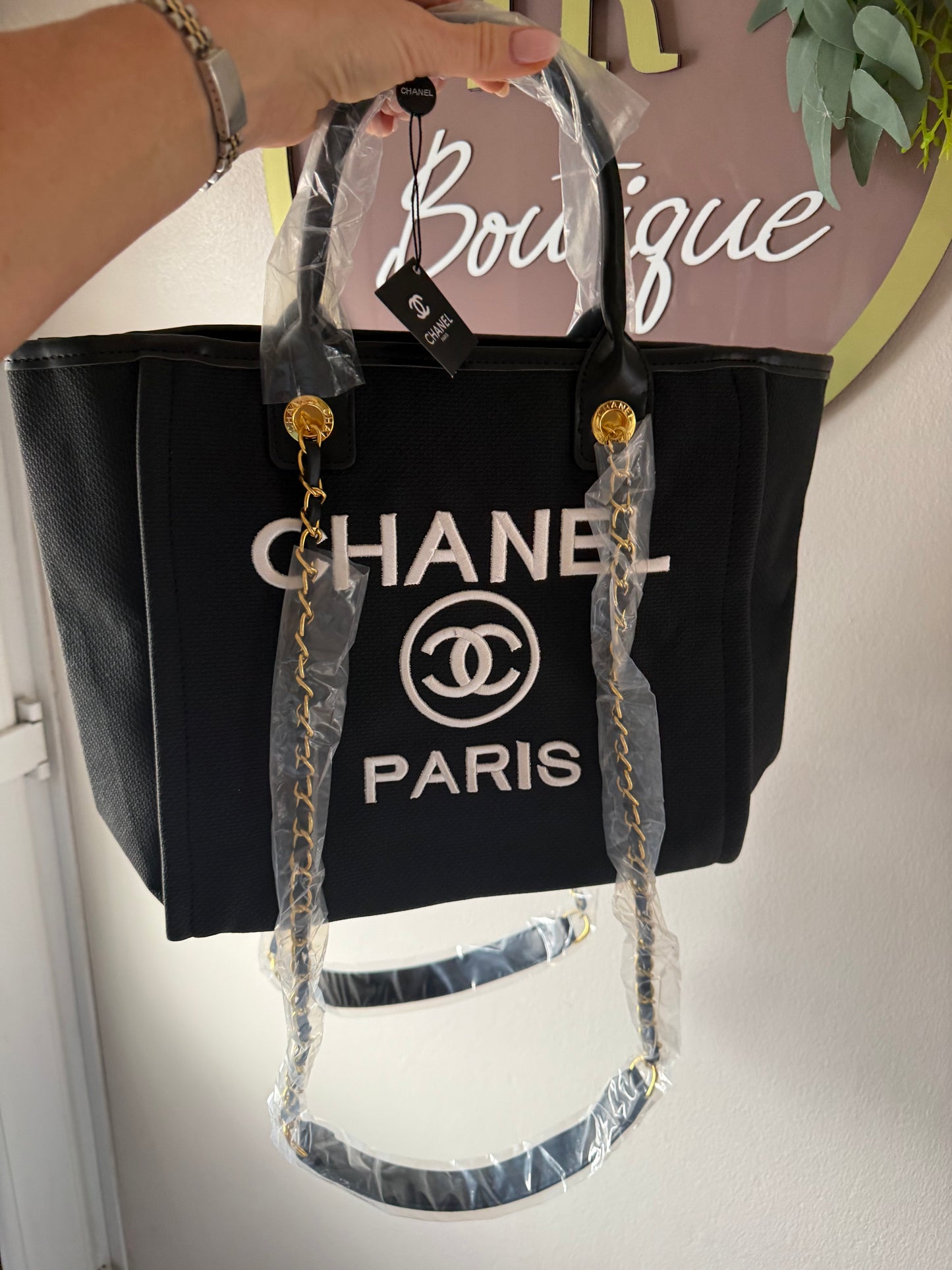 Black and white embroidered tote bag