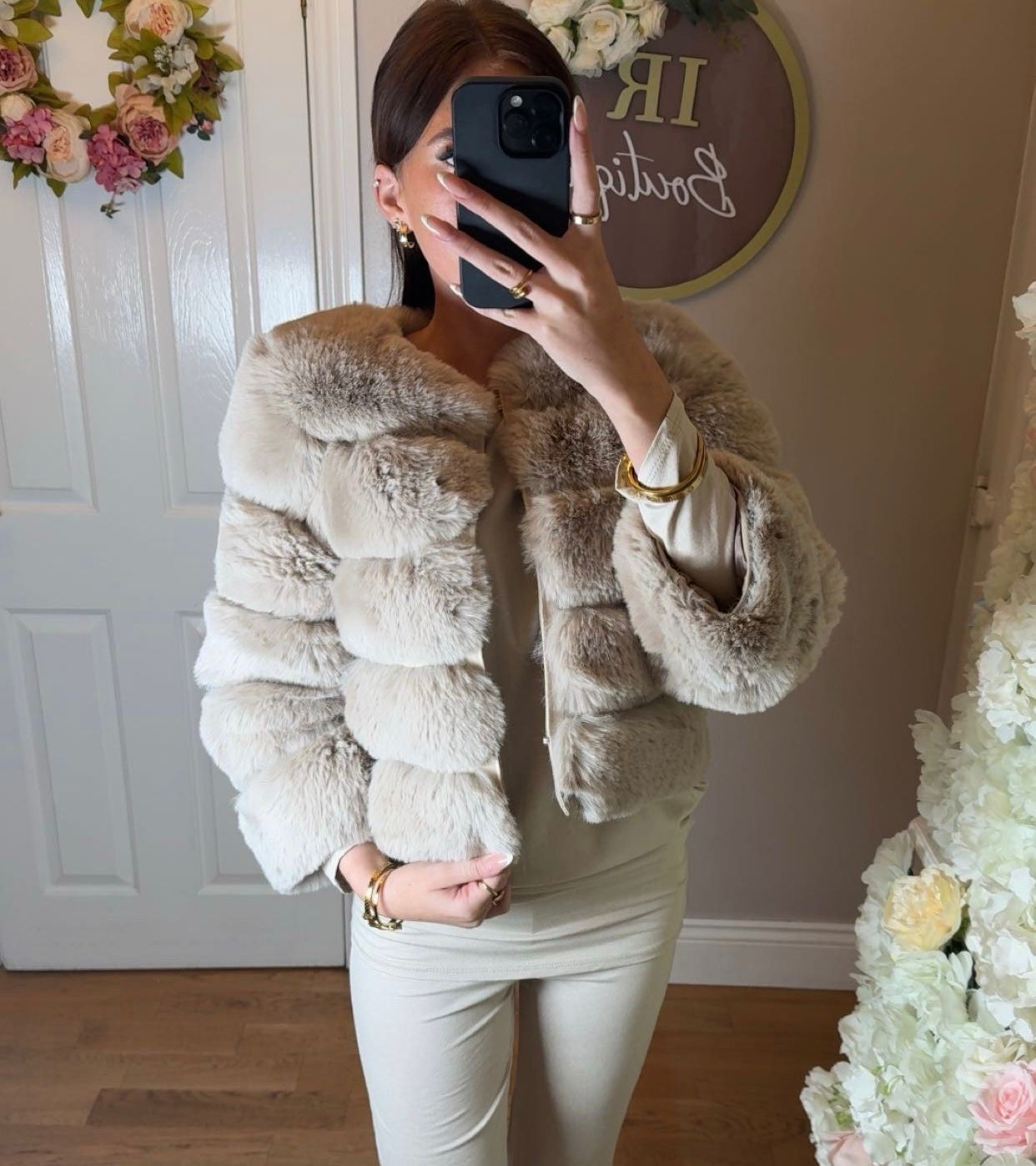 Beige Premium Faux Fur Jacket - 4 Row Sleeve