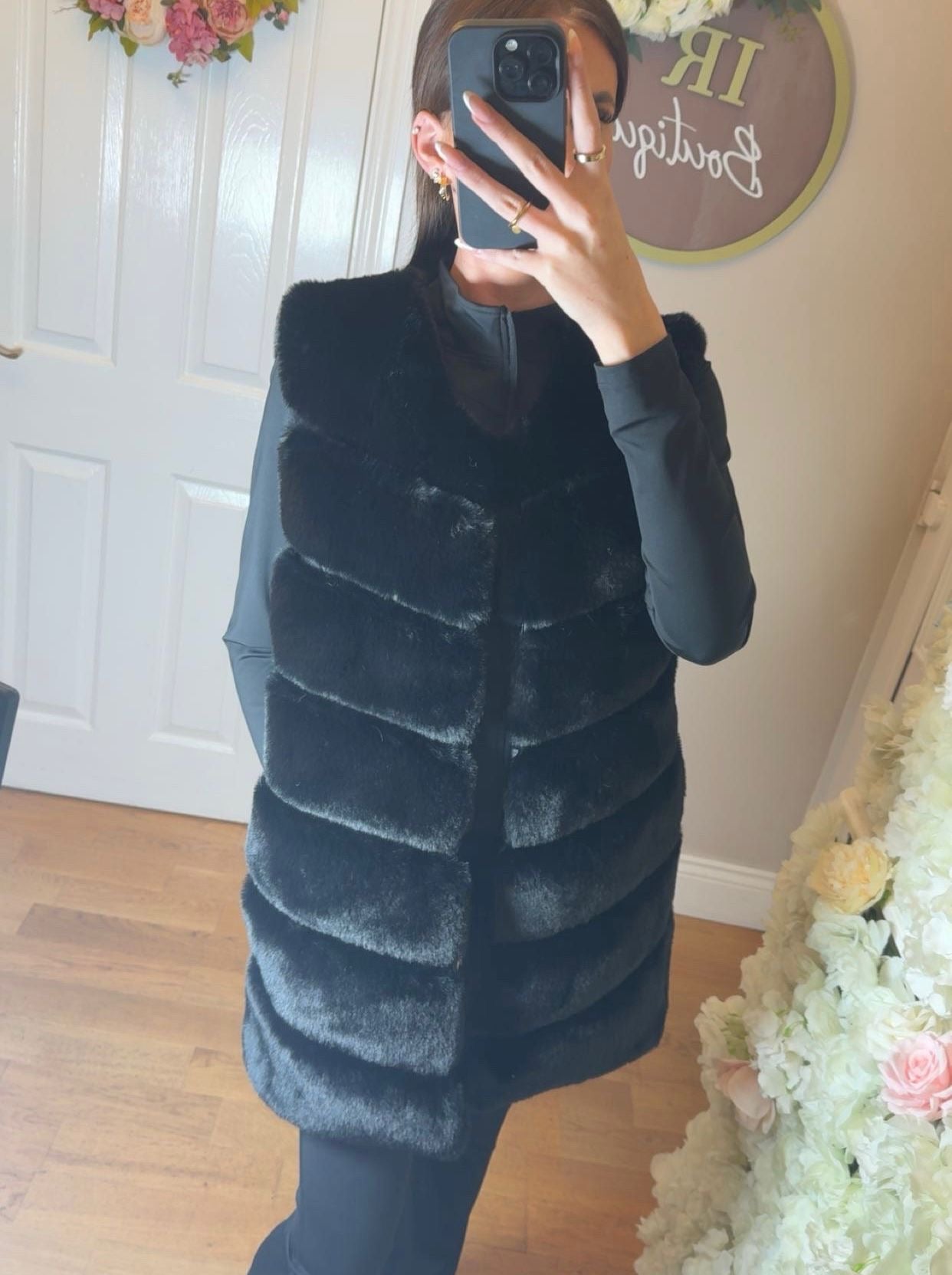 Black  Faux Fur Long Line Gilet With Pockets