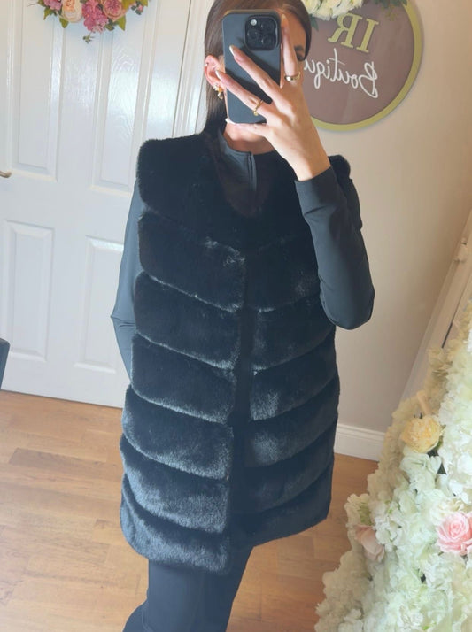 Black  Faux Fur Long Line Gilet With Pockets