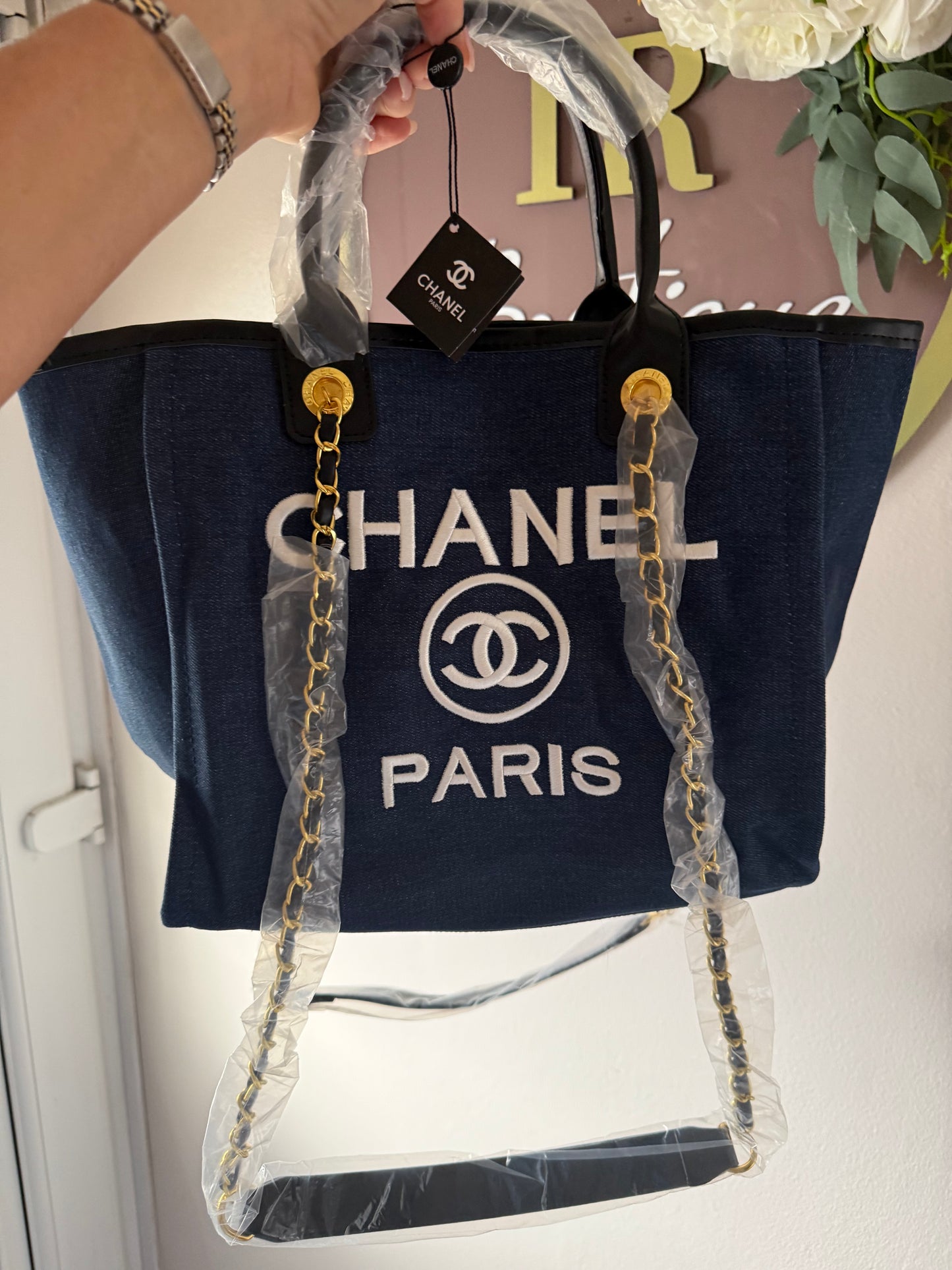 Navy and white dark denim embroidered tote bag