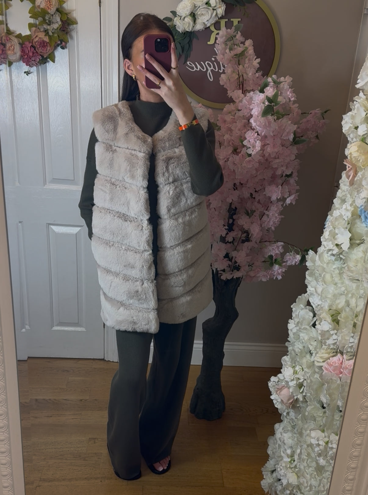 Beige Faux Fur Long Line Gilet With Pockets