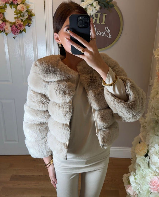 Beige Premium Faux Fur Jacket - 4 Row Sleeve