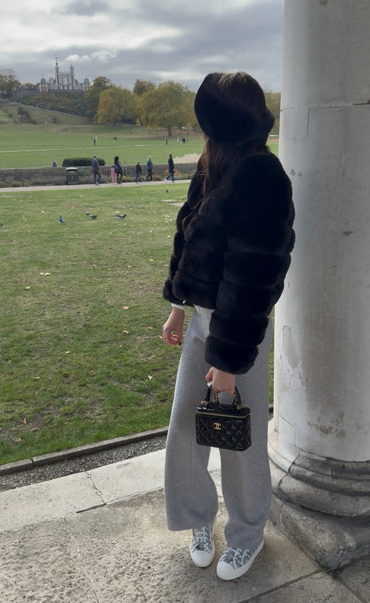 Black Premium Faux Fur Jacket - 5 Row Sleeve