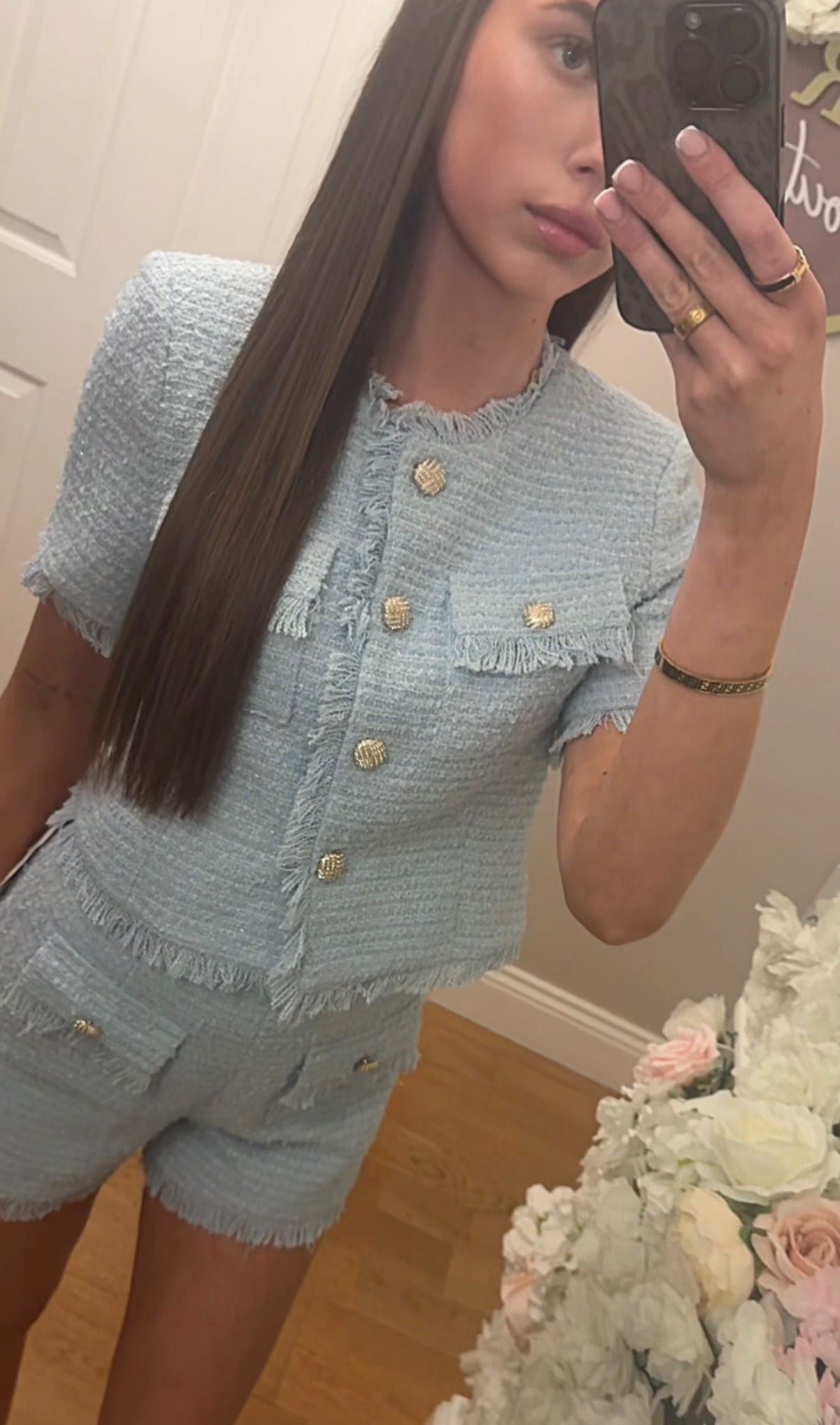 ELLA - Tweed Crystal Button  Short Set