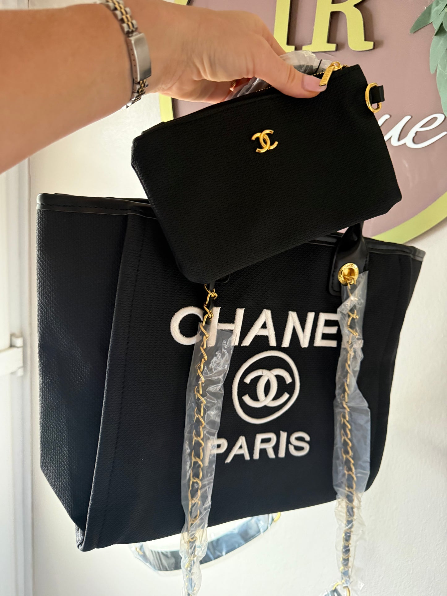 Black and white embroidered tote bag