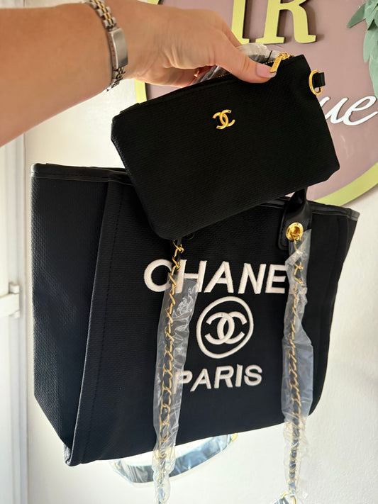 Black and white embroidered tote bag