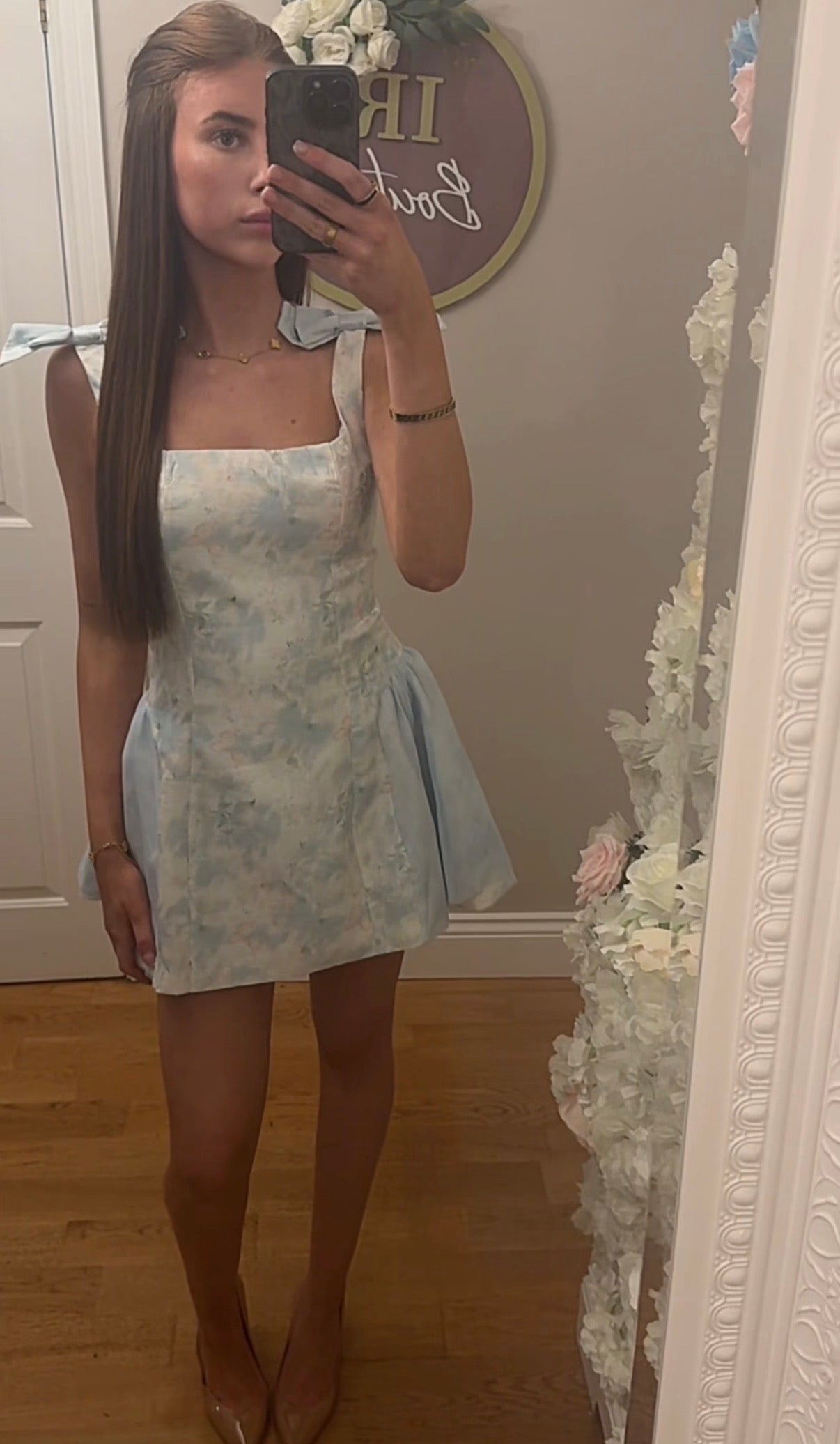VANESSA - Blue Bow Shoulder Floral Dress