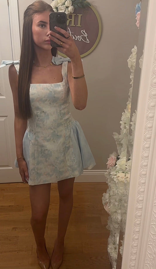 VANESSA - Blue Bow Shoulder Floral Dress