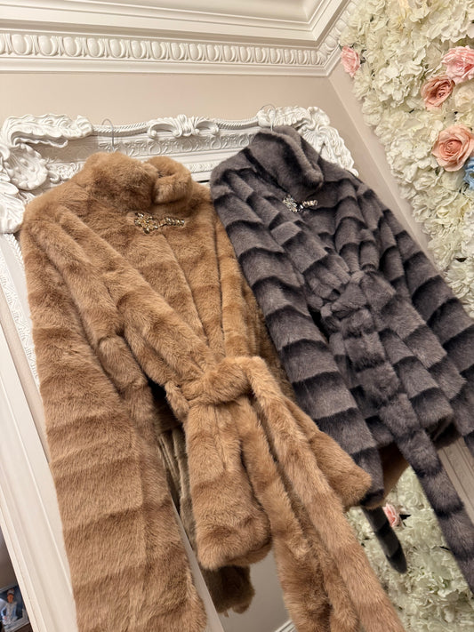 Embellished Clasp Faux Fur Belted Coat - One size 6-16 - (3 Colours)