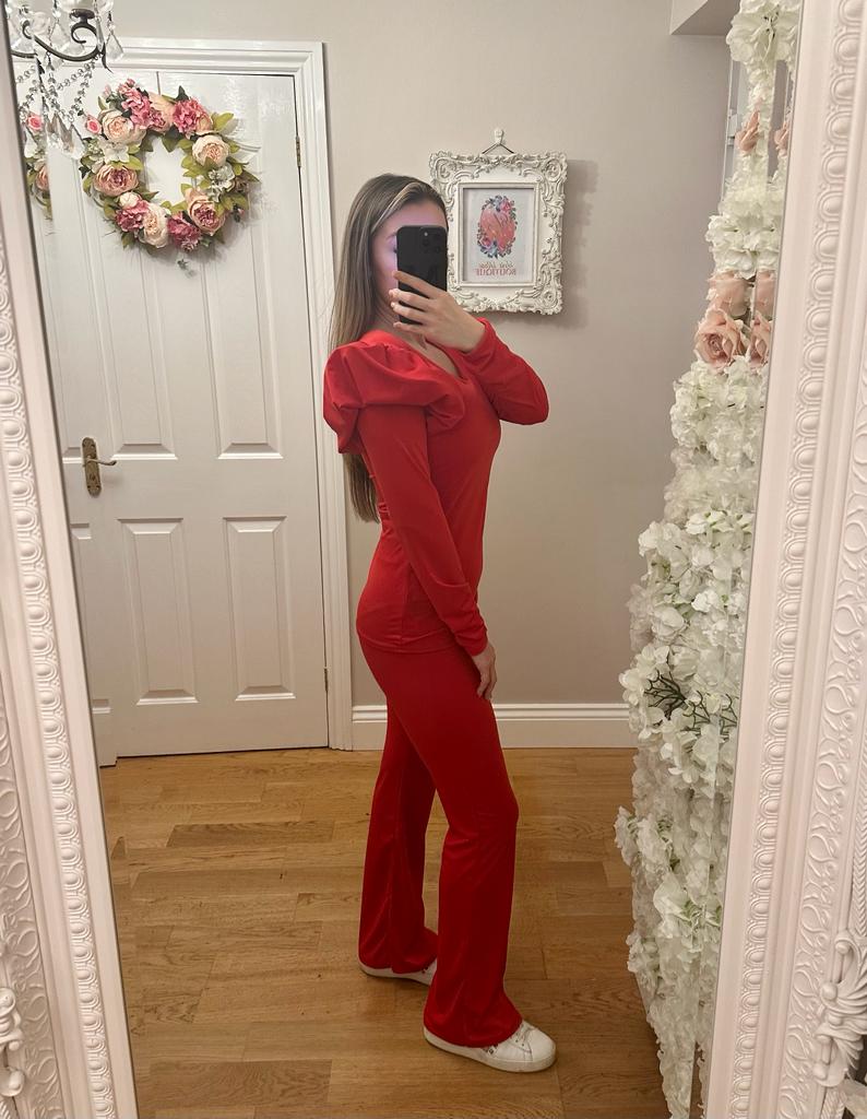 Red Frill Shoulder Lounge Set Co-ord