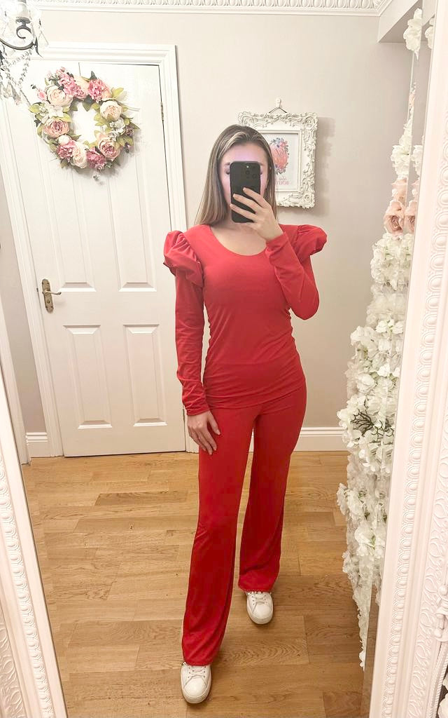 Red Frill Shoulder Lounge Set Co-ord