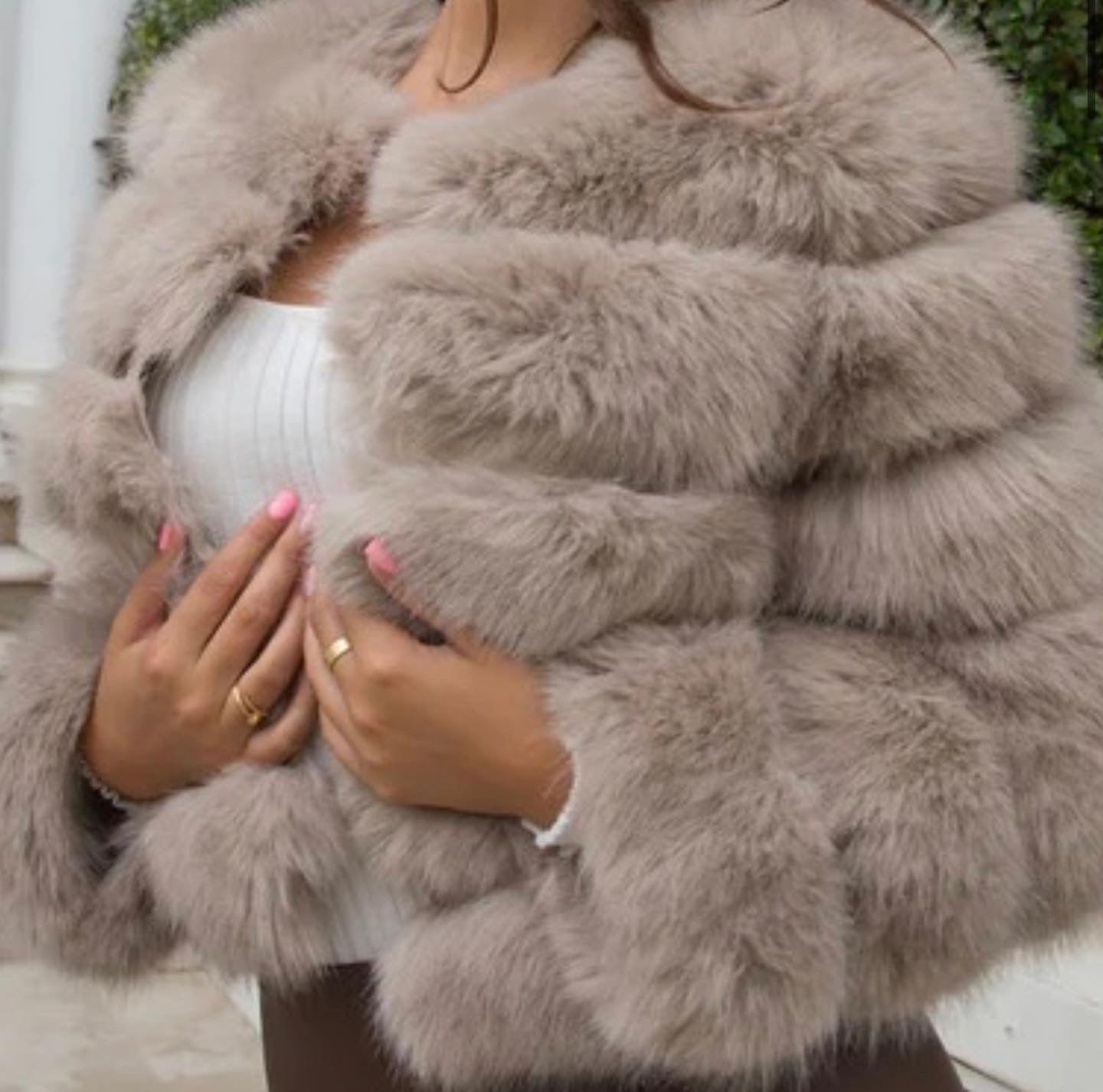 Beige Premium Faux Fur Jacket - 5 Row Sleeve