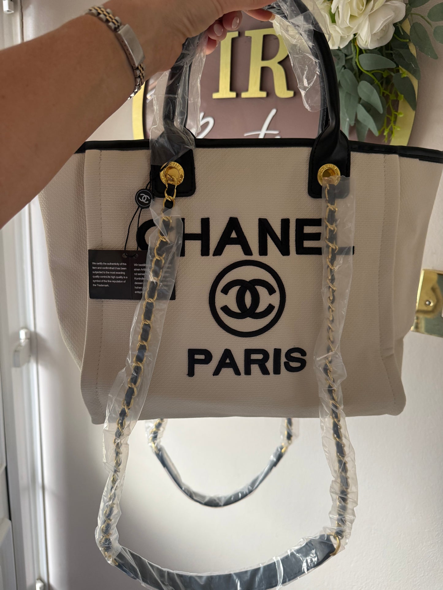 Cream/Black embroidered tote bag
