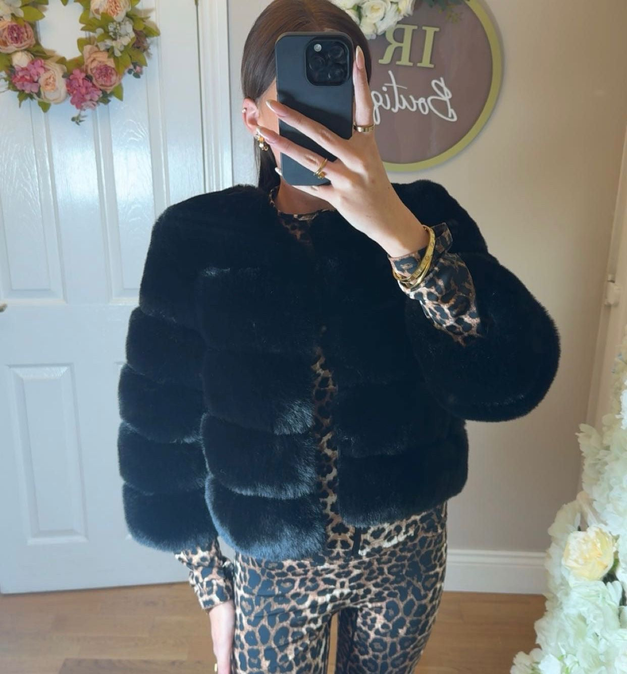 Black Premium Faux Fur Jacket - 4 Row Sleeve