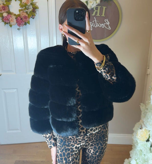 Black Premium Faux Fur Jacket - 4 Row Sleeve