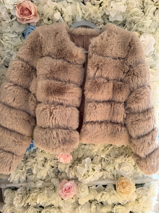 Beige Premium Faux Fur Jacket - 5 Row Sleeve