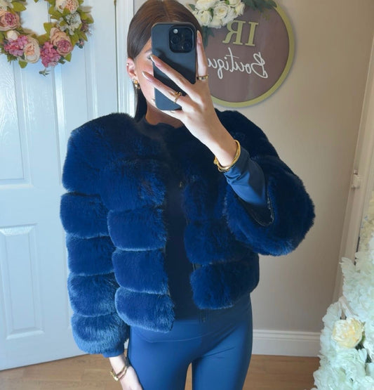 Navy Blue Premium Faux Fur Jacket - 4 Row Sleeve