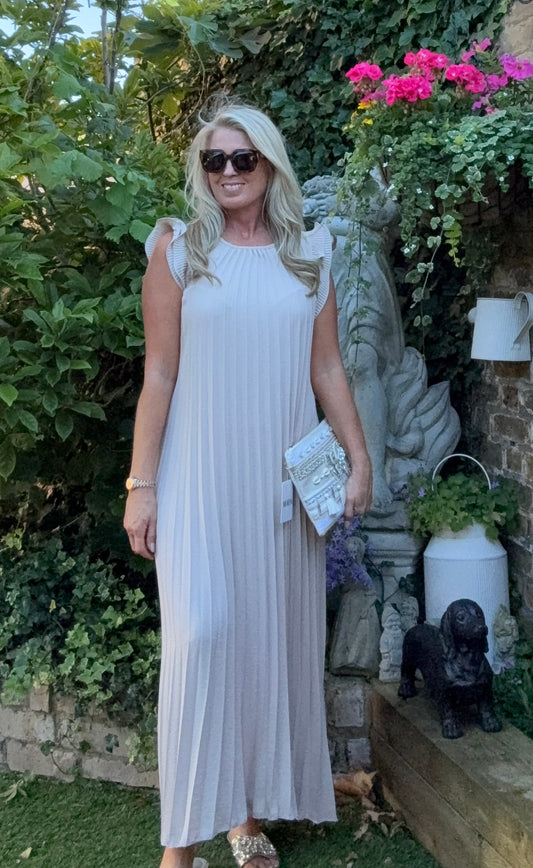 Pleated Maxi Dress With Frill Shoulder