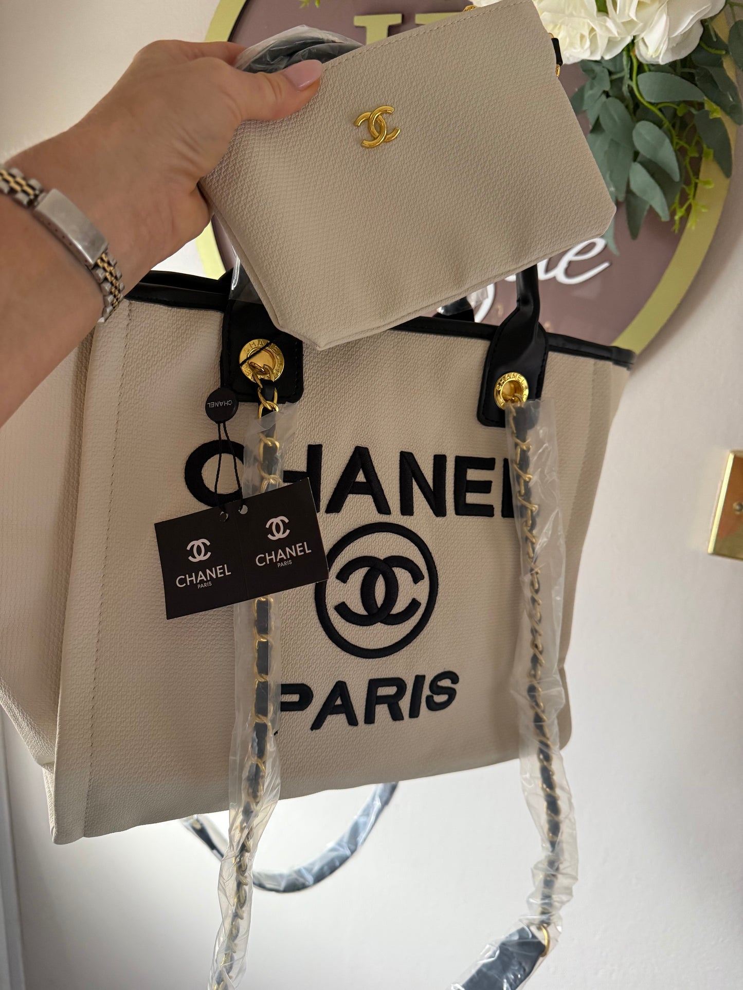Cream/Black embroidered tote bag