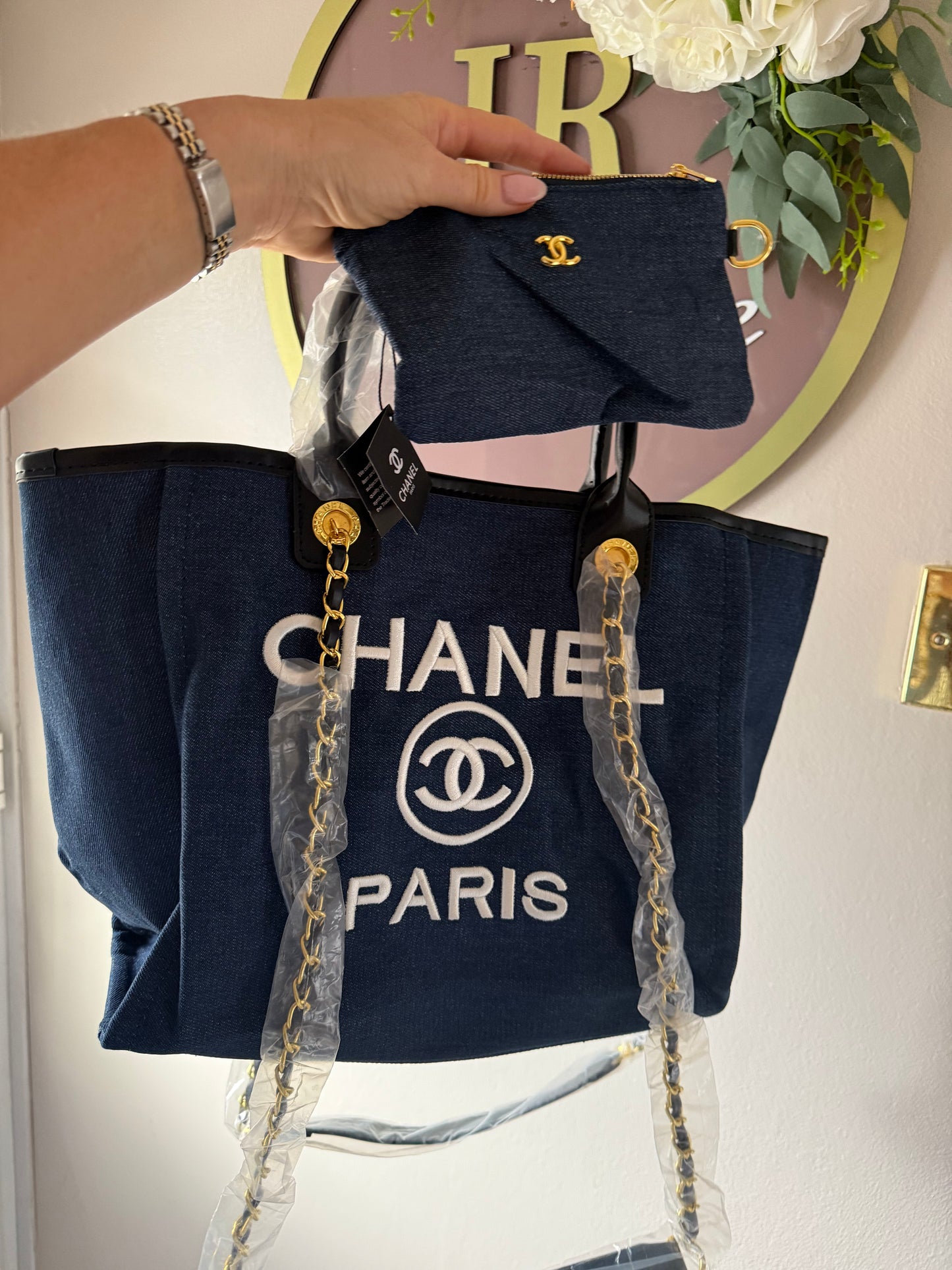 Navy and white dark denim embroidered tote bag