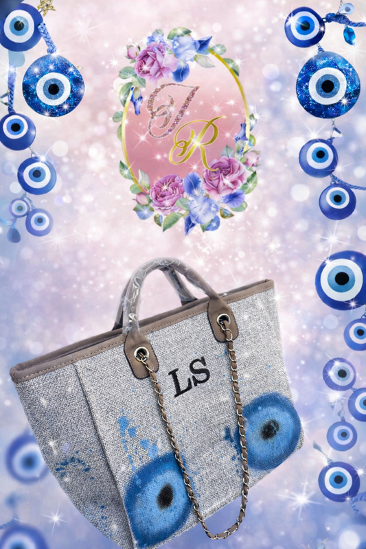 Personalised Grey Tote Bag - Custom Embroidered Initials & Evil Eye Design