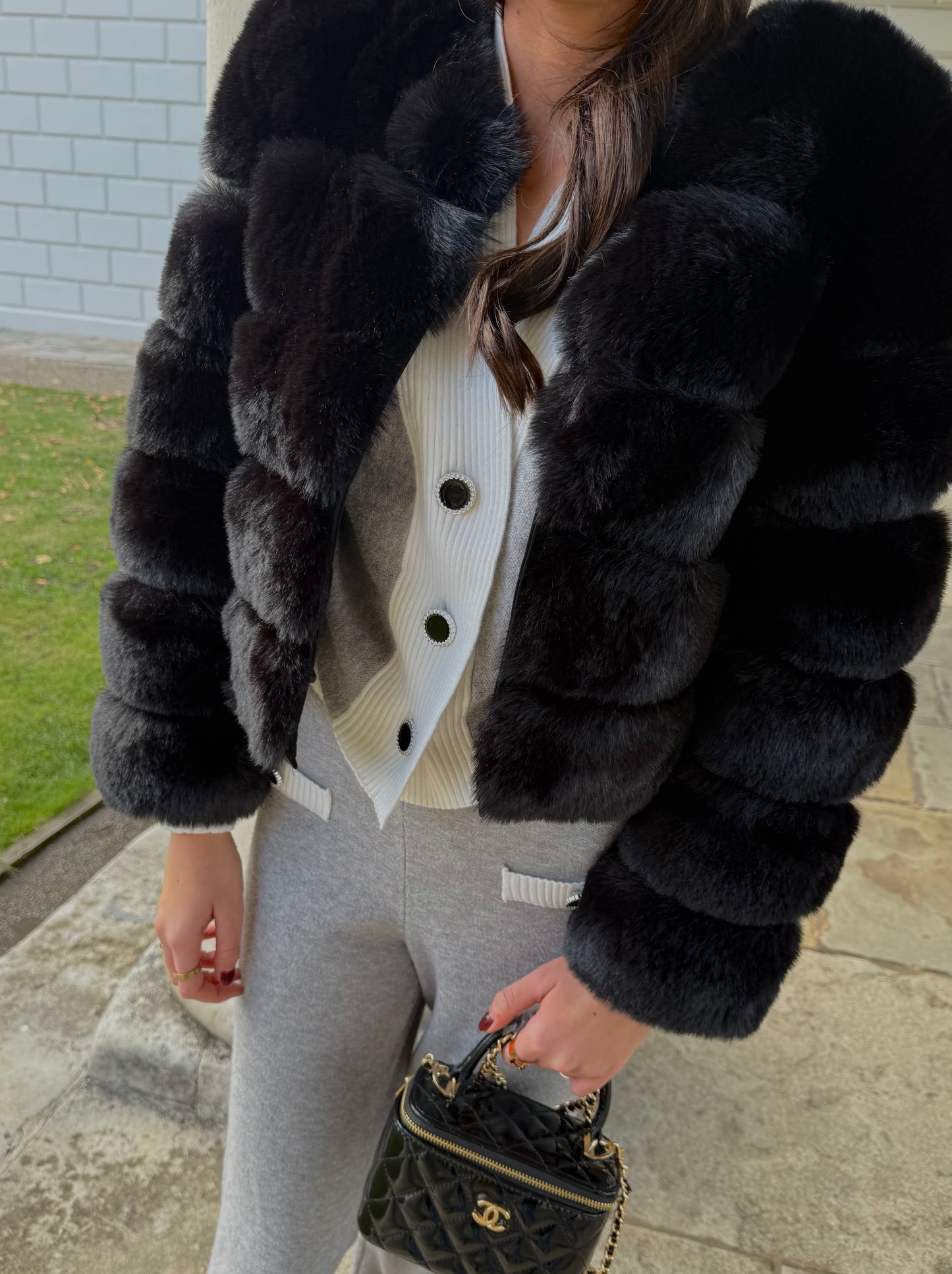 Black Premium Faux Fur Jacket - 5 Row Sleeve