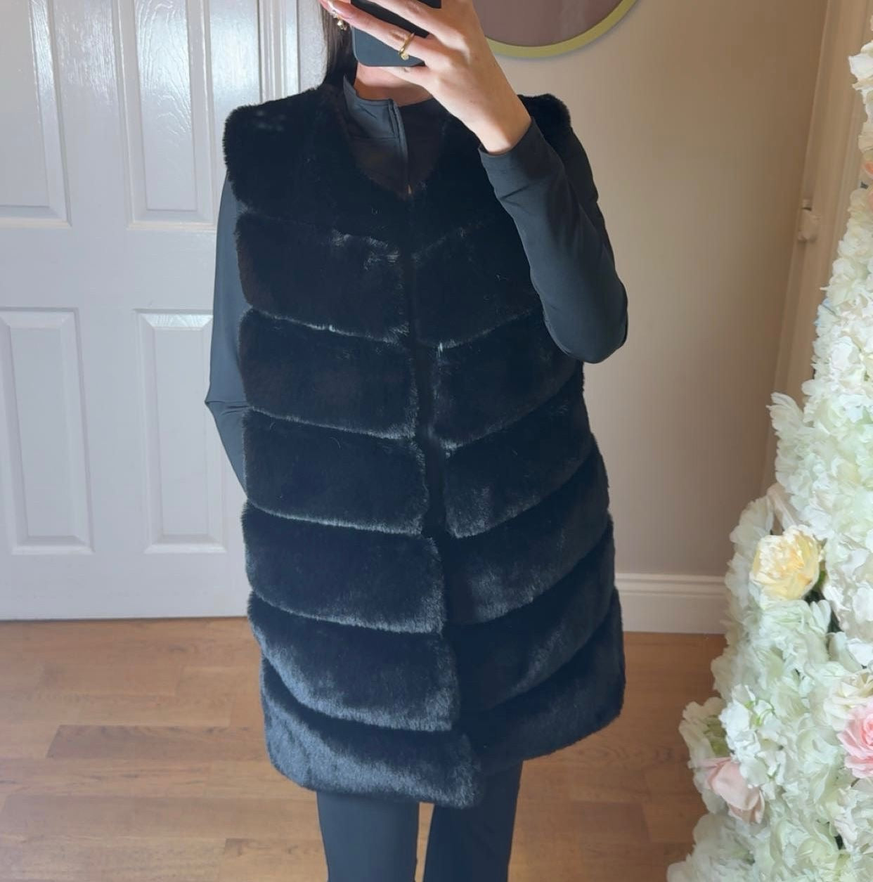 Black  Faux Fur Long Line Gilet With Pockets