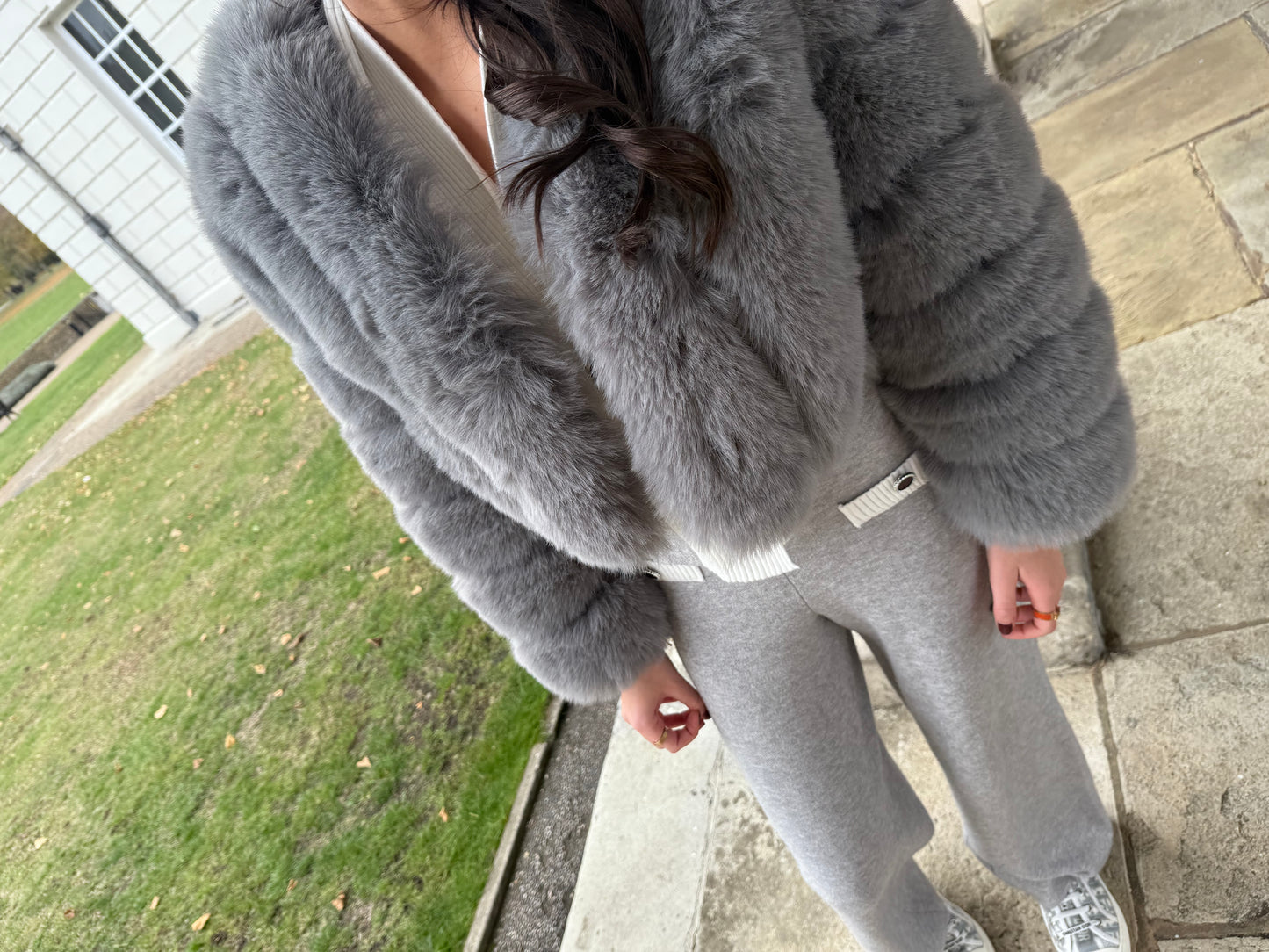 Grey Premium Faux Fur Vertical Style Jacket