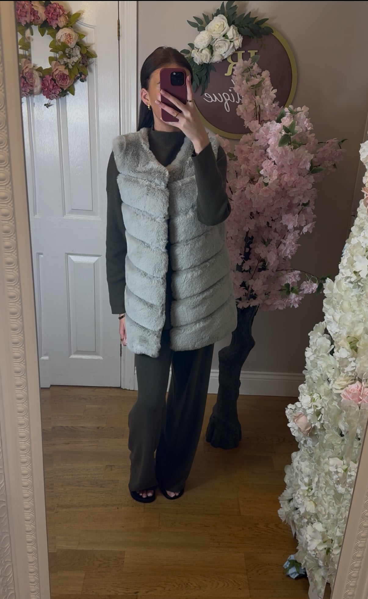 Grey Faux Fur Long Line Gilet With Pockets