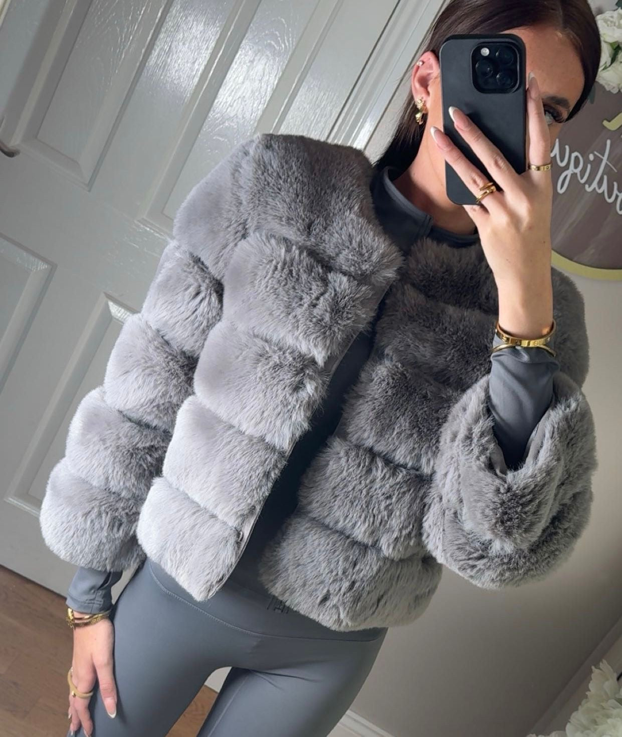 Grey Premium Faux Fur Jacket - 4 Row Sleeve